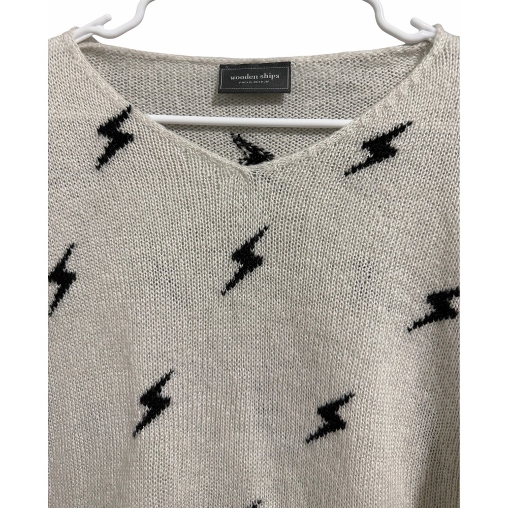 Wooden Ships Paola Buendia White Knit Sweater W/Black Lighting Bolts Size XS/S - Picture 3 of 10